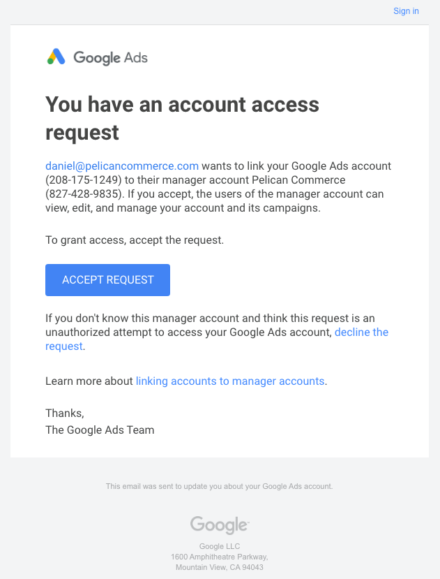 google ads email request for access