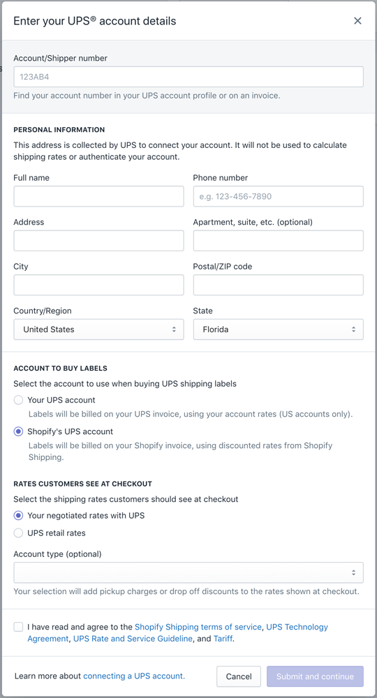 connect ups to shopify form