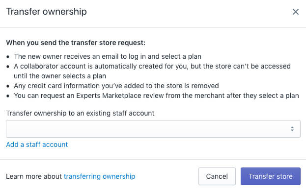 transfer ownership shopify